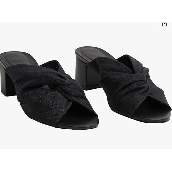 Rebecca Allen Twist Heels 10 Black Linen NWOT Sandals Mules Slip On Travel - Picture 2 of 11